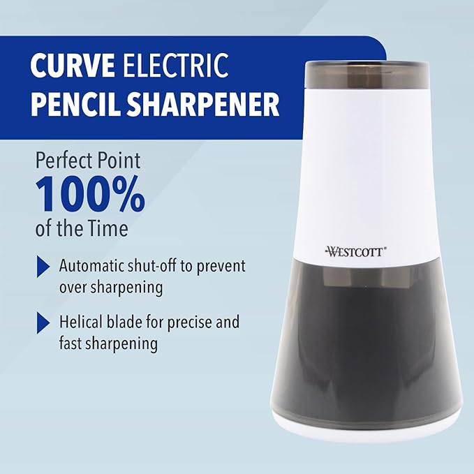 Westcott iPoint Curve Electric Pencil Sharpener - Sharpen Regular, Graphite, and Drawing Pencils - Office and School Supplies for Teachers and Kids - Compact - Corded Plug-in Design - White