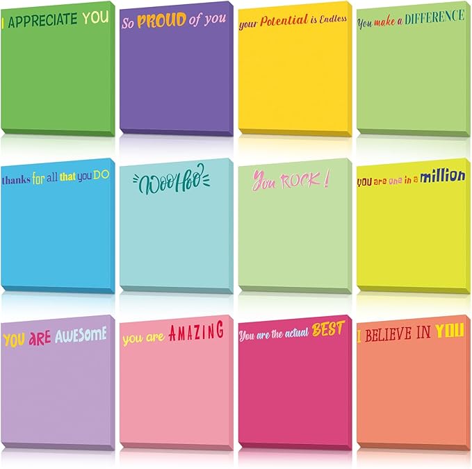 Yinder 12 Pcs Inspirational Sticky Notes Cute Motivational Sticky Notes Pad End of Year Employee Appreciation Gifts Bulk for Teacher Nurse Coworkers Office Supplies 3 x 3'' (Appreciation,Minimalist)
