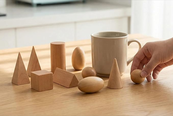 BOHS Geometric Solids Guess Game - 3D Shapes Miniature Set -Wooden Montessori Toys - Ages 3 and Up