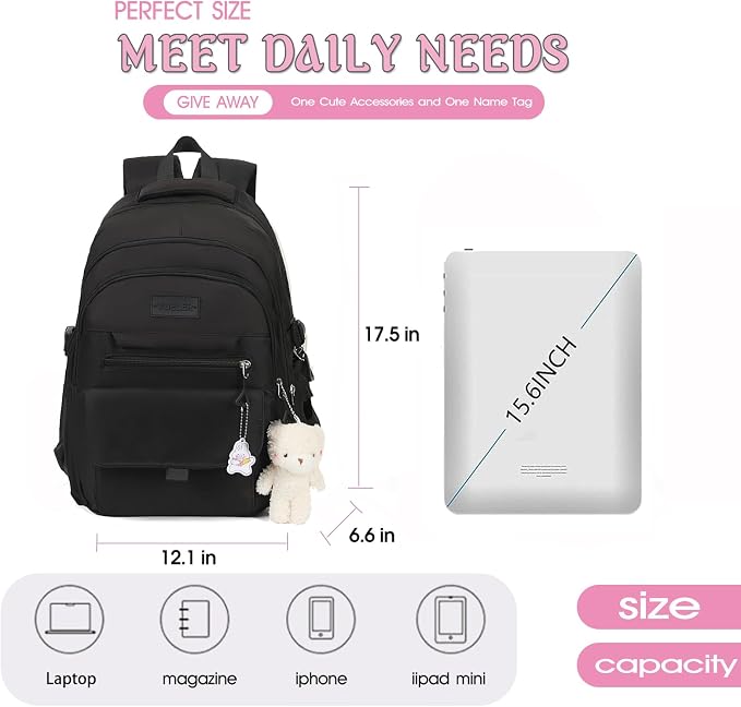 PRLINJSK Girls Backpack for College High Middle School Student, Cute Aesthetic Bookbag for Teens Women with Accessories,Black
