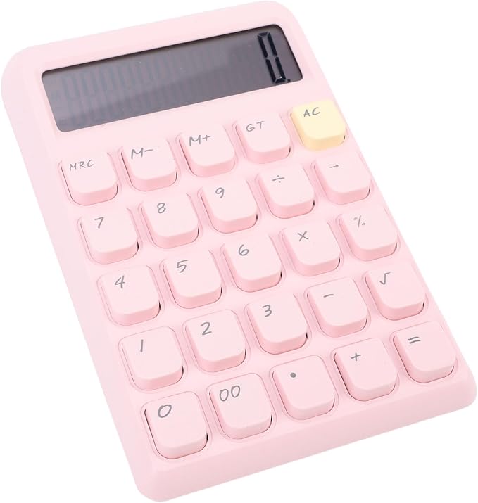 Asixxsix Desktop Calculator, Solar Powered 12 Digit Calculator Basic Functions Portable Design Large Clear Display with Responsive Mechanical Buttons for Office Home School (Pink)