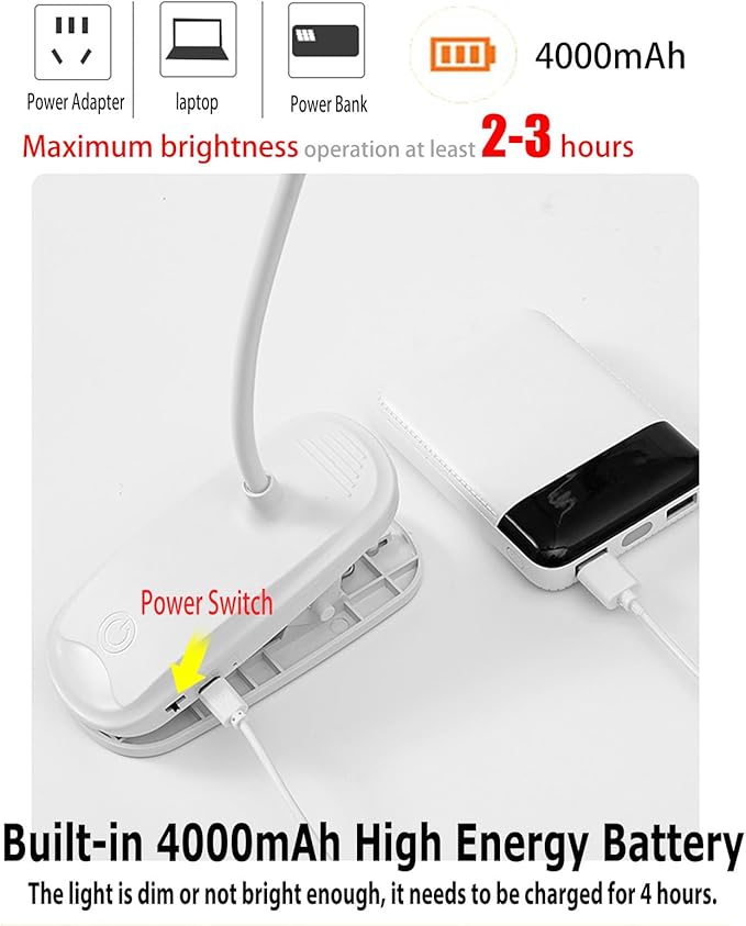 Dual Head LED Desk Lamp with Clamp, Eye-Caring Clip on Lights for Home Office, 4000mAh Rechargeable Battery Operated Table Lamps,3 Lighting Modes & Brightness Dimmer Light for Students (4000)