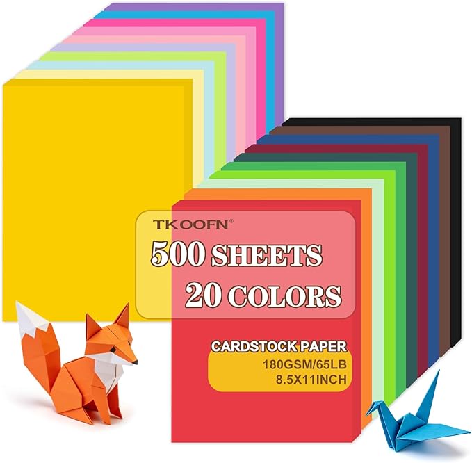 TKOOFN 500 Sheets 8.5" X 11" Colored Cardstock, 20 Assorted Colors Construction Paper Card Stock Printer Paper for Kids School Supplies, DIY Crafts, Card Making, Printing