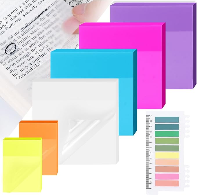 500 Sheets Transparent Sticky Notes with Index Tab, Waterproof & Crystal Clear Sticky Notes Sets, See-Through PET Sticky Note, 5X The Sticking Power Translucent Sticky Note Pad, 7 Pads