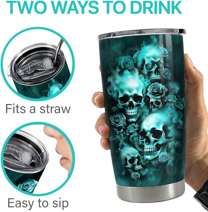 SANDJEST Skull Tumbler 20oz Stainless Steel Insulated Travel Mug Cup for Men Women Goth Gothic Gifts for Birthday Christmas Halloween