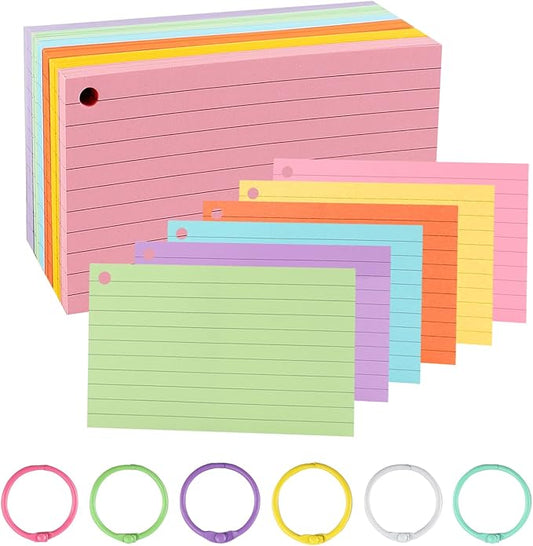 Ruled Colour Index Cards, 300PCS 3" x 5" Punched Flash Cards with 6 Binder Rings, Lined Blank Flashcards, Assorted Colored Study Notecards, Cue Cards for Studying, Office, School (005)