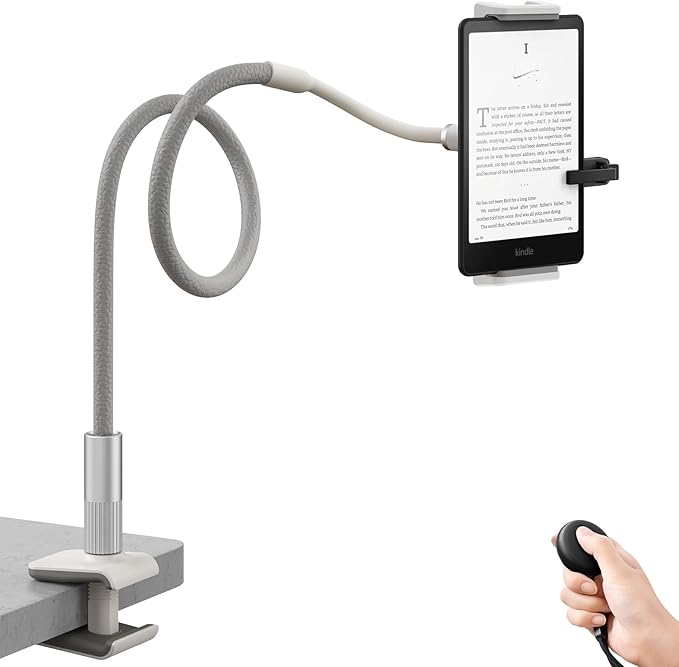 SAIJI Gooseneck Kindle Holder with Long Battery Remote Page Turner, Leather iPad Holder for Bed, 39.3 in Flexible Lazy Arm，Free Hands Kindle Accessories, Tablet Stand for Reading in Bed,Fits 4.7-11"
