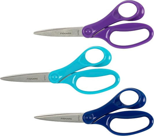 Fiskars 7" Student Scissors for Kids Ages 12-14 (3-Pack), Scissors for School or Crafting, Back to School Supplies, Purple, Blue and Turquoise