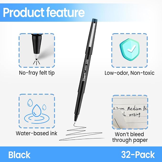 VEESA Felt Tip Pens Black, 32 Pack, Medium Point (0.7mm), Smooth Writing