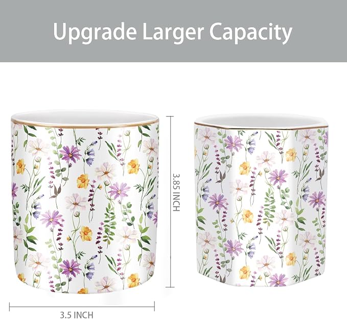 Large Capacity FLoral Pen Holder for Desk, Ceramic Pencil Holder Pen Cup Marker Holder Makeup Brush Holder, Desk Accessories & Workspace Organizers for Home, Office, Colored