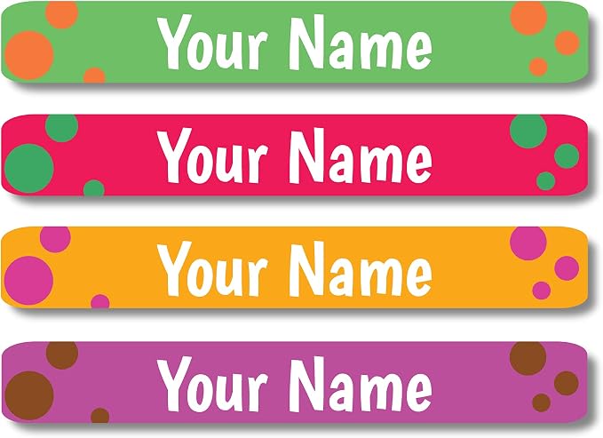 Lovable Labels Personalized Labels for Kids (120 Labels) - Waterproof Dishwasher Safe Peel and Stick Labels for School Supplies Daycare Kindergarten Camp (Polka Dot Me)