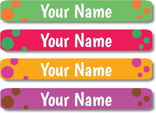 Lovable Labels Personalized Labels for Kids (120 Labels) - Waterproof Dishwasher Safe Peel and Stick Labels for School Supplies Daycare Kindergarten Camp (Polka Dot Me)