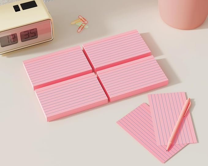 YIZUUN Pink Index Cards 3x5, 200 Pack, Ruled Index Cards, Flash Cards for Studying, Heavy Note Cards for Office, Home and School, 4 Packs of 50