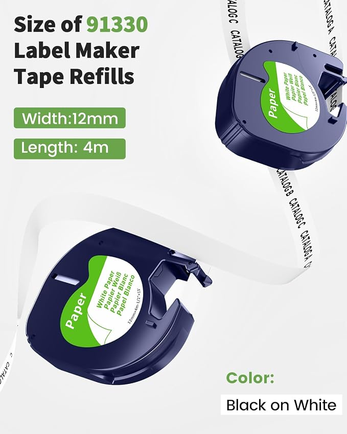 3-Pack Compatible with DYMO Label Maker Refills White Paper Tape | 91330 12mm x 4m (1/2" x 13') Label Maker Tape Replacement for Dymo Letratag Label Maker LT-100T LT-100H 200B