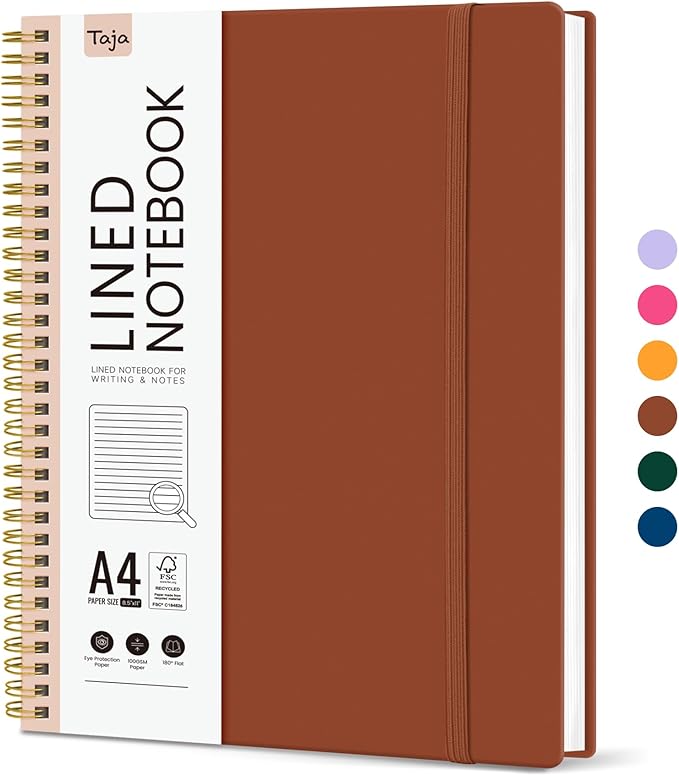 Taja Spiral Lined Notebook, 8.5"x11" Notebooks for Work, Large A4 Journal for Women & Men, College Ruled Journaling Notebook for Writing, Plastic Cover Spiral Journal, Rust Brown