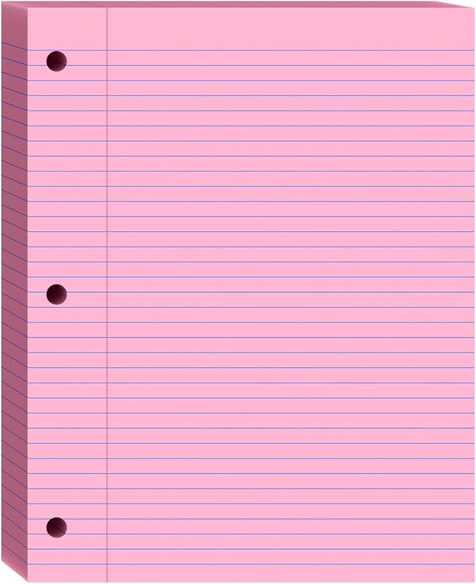 Loose Leaf Paper, 8x10.5 College Ruled, Notebook Paper for 3 Ring Binders, Pink Binder Notebook, 3 Hole Punch Paper, 100 Sheets/pack, 1 Pack