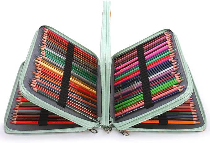 Vomgomfom 200 Slots Pencil Bag, 4-Layer Zipper Portable Art Supply Organizer, PU Leather Large Capacity Colored Pencil Case with Handle for 200 Watercolor Pens, Gel Pens (Green)