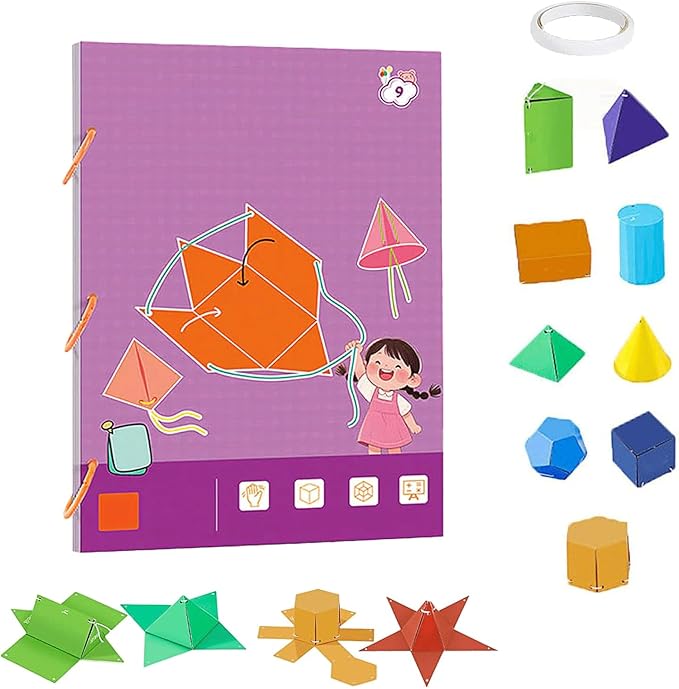 Pull String 3D Geometry Learning Book - Fun Volume & Surface Area Formula Teaching Tool with Braided Rope Design (9-Model Version)