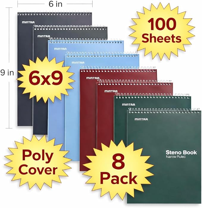 Mintra Office Steno Books Set - Top-Spiral Bound, Narrow Ruled, 100 White Tint Sheets, Poly Covered Notebooks for Office & School, Colorful Arctic Ice, Green Olive, Charcoal, Chili Oil, 6"x9", 8 Pack