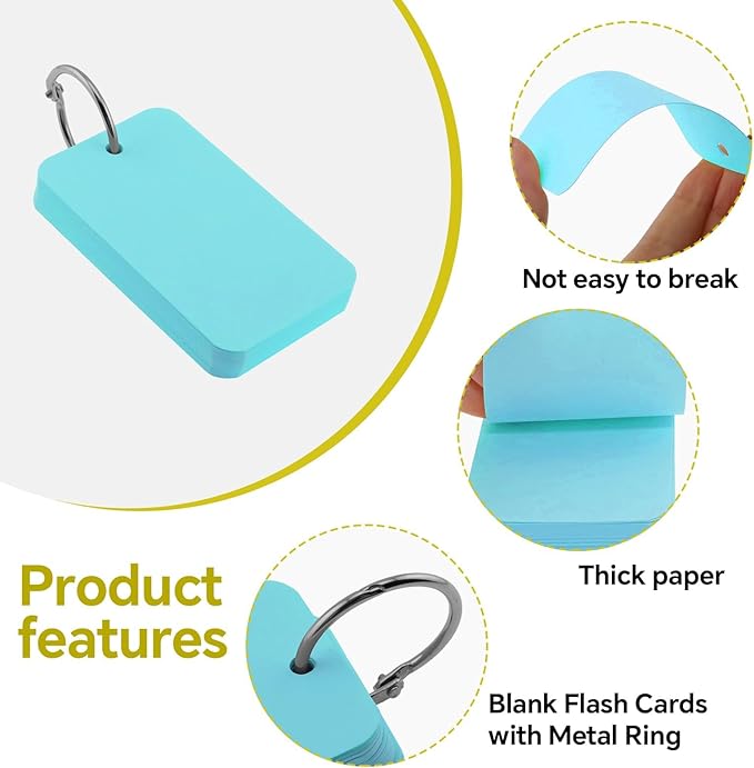 300 Pcs Index Cards with Ring, 2" x 3.5" Blue Blank Flashcards for Studying, Vocabulary, Memos, Bookmark,Greetings (Blue)