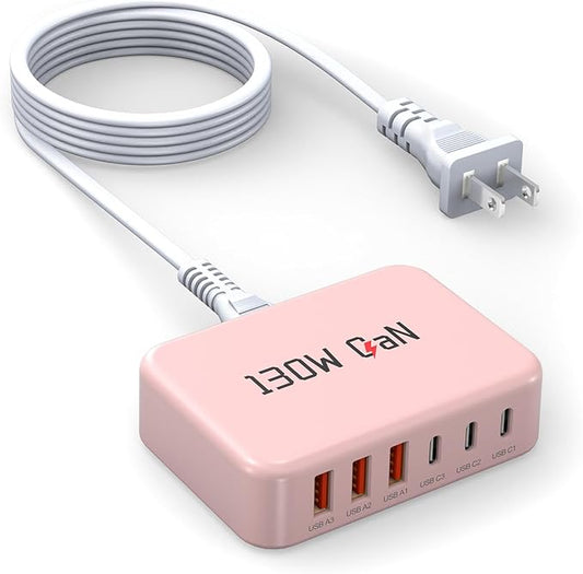 [2026 Upadated] 130W Charging Station 6-Port Type C Fast Charger Block Charging Station Multiport Adpater for iPhone 17/16/15/14/13/Pro Max/Plus iPad mini/Pro Galaxy S26/S25 5ft Power Cord-Pink