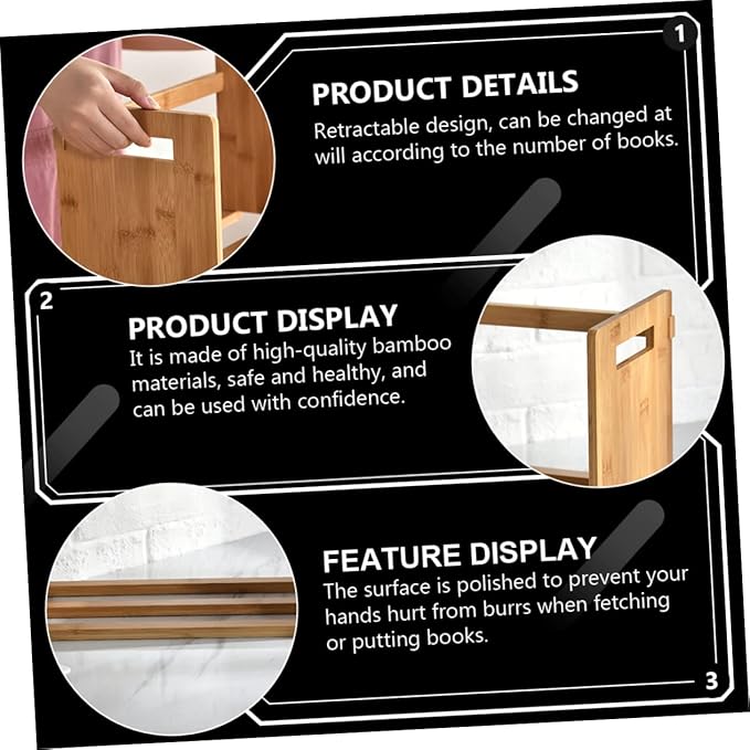 Homoyoyo Bamboo Desktop Book Storage Rack Expandable Bookend for Office and Home Retractable Organizer Shelf Natural Wood Finish Suitable for Books and Magazines