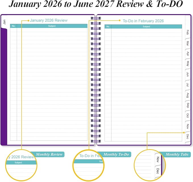 2026-2027 Monthly Planner - January 2026 - June 2027, Two Pages Per Month, 18 Monthly Calendar/Planner with Tabs, Inner Pocket, 6.4" x 8.5", Purple