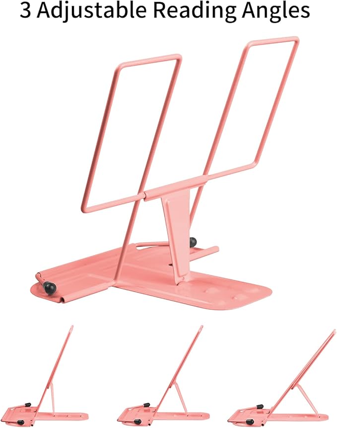 MSDADA Metal Book Stand for Desk, Adjustable Reading Rest, Portable Cookbook & Document Holder, Sturdy Typing Stand for Recipes, Textbooks, Tablets & Music Books with Page Clips (Morandi Pink)