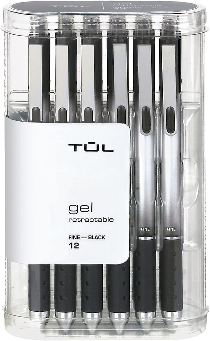 TUL Retractable Gel Pens, Fine Point, 0.5 mm, Gray Barrel, Black Ink, Pack Of 12 Pens