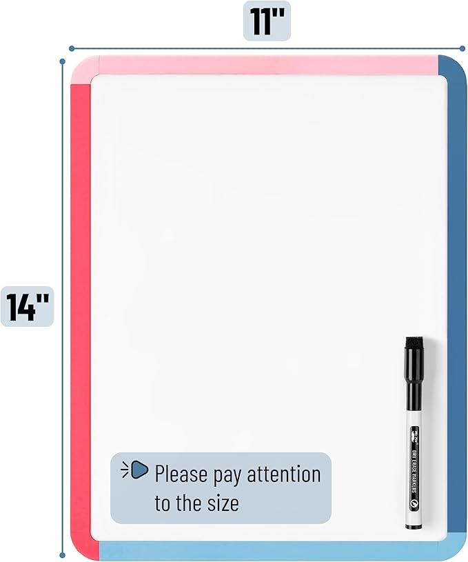 Mr. Pen- Dry Erase Board, 14” x 11” with a Black Dry Erase Marker, Pink Tide Frame, Small Mini White Board for Students, Fridge, Wall, Locker, Includes Double Sided Tapes