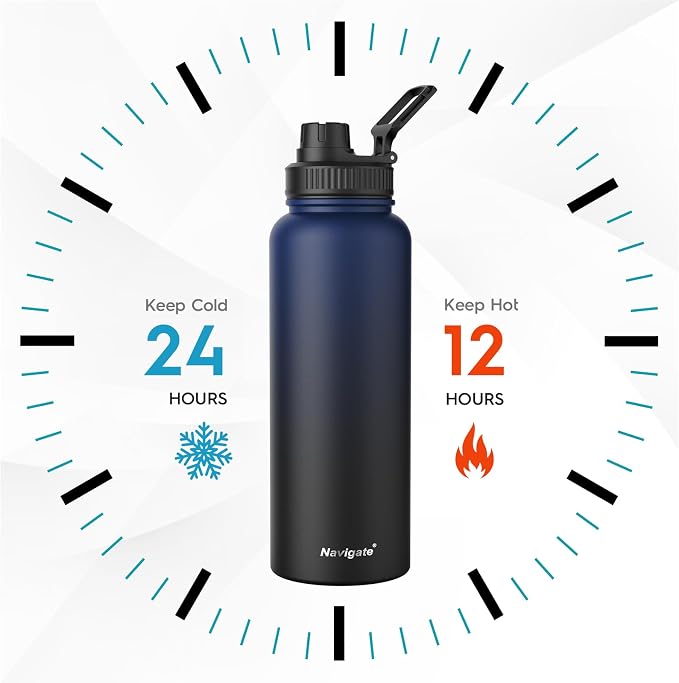 Navigate 40oz Insulated Water Bottle for Sports, Keep Cold 24H | 2-in-1 Spout and Handle Lids, Double Leak-Proof, 18/8 Stainless Steel, BPA-Free, Wide Mouth for Hiking,Blue to Black