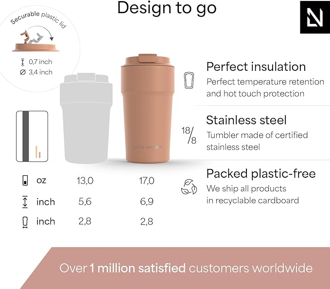 LARS NYSØM Thermo Coffee Mug to go 17oz | Travel Mug 0.5 Liter with Insulation | Leak Proof Stainless Steel Thermal Tumbler for Coffee and Tea on the Go (Blush Rose, 17oz)