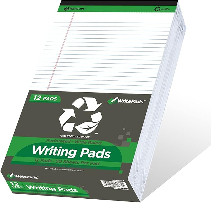 KAISA White Legal Pads Writing Pads 600 Sheets Recycled Paper, 8.5"x14" Wide Ruled Lined Paper Perforated 50 sheets Hard Back Notepads Large Legal Pad Writing Tablet For Office Supplies (White 12pads)