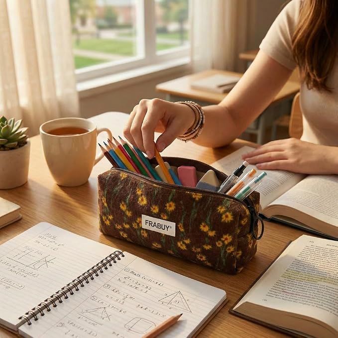 Soft Corduroy Pencil Case Pen Pouch Organizer, Small Stationery Bag | Cute brown chrysanthemum pencil pouch, smooth zipper, daily cosmetics holder, compact organizer for school teen girls, women