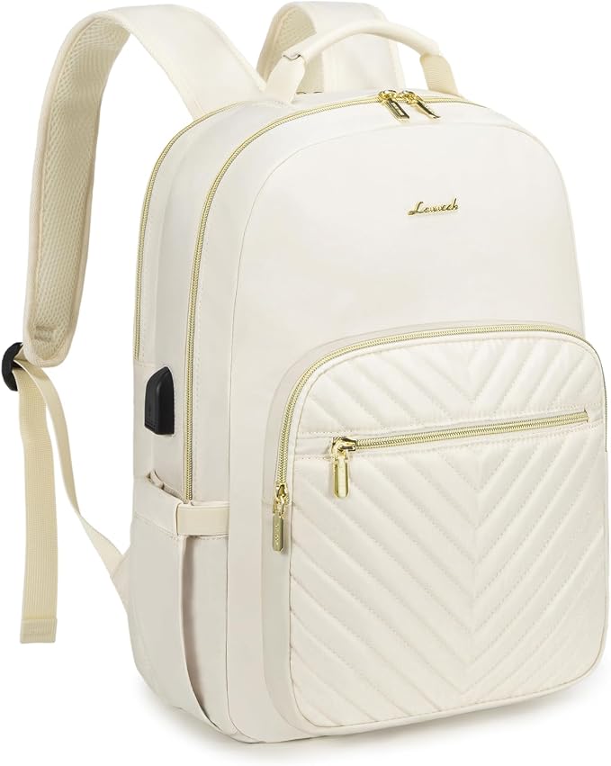 LOVEVOOK Laptop Backpack Purse for Women, Work Travel Computer Bags, College School Backpack for Student Girl, Quilted Casual Daypack with USB Port, Fit 15.6 Inch Laptop, Beige White