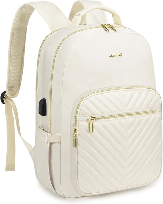 LOVEVOOK Laptop Backpack Purse for Women, Work Travel Computer Bags, College School Backpack for Student Girl, Quilted Casual Daypack with USB Port, Fit 15.6 Inch Laptop, Beige White