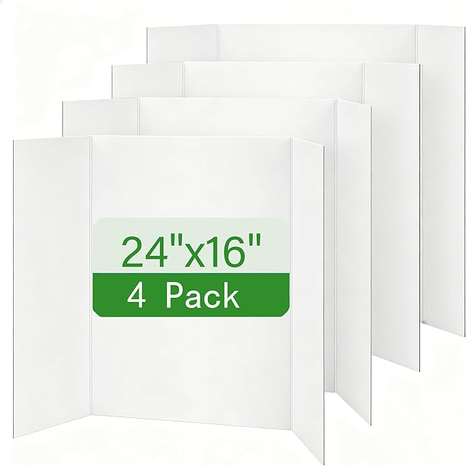 Trifold Poster Board, White Corrugated Presentation Board with Double Sided Tapes, Display Board for School Project, Science Fair (4=24x16)