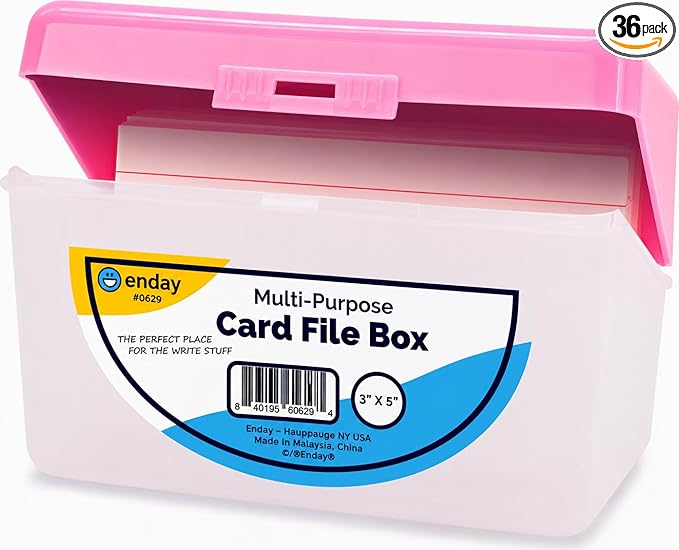 Enday Index Card Box Pink 3x5 Index Card Holder, Index Card Organizer, Flash Card Holder, Holds 250 Cards. (36 PC)