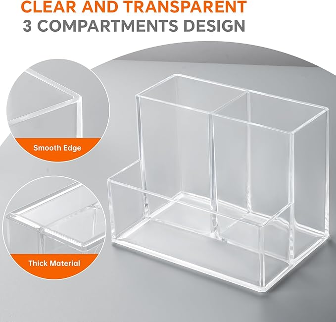 Pen Holder for Desk, Clear Acrylic Pencil Holder for Desk, Marker Holder with 3 Compartments, Pencil Organizer for Home, Office, Classroom, Bathroom | for Desk, Pencil Holder, for Desk, Marker Holder, Pencil Organizer