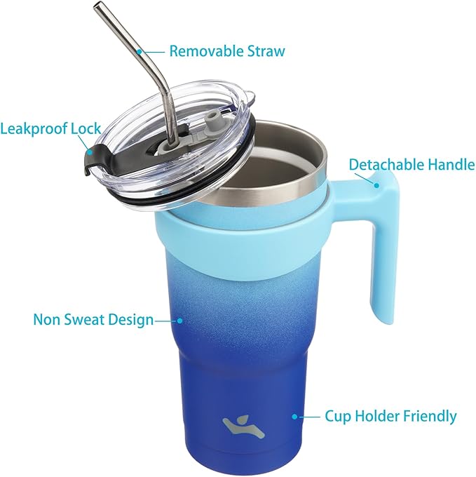 Konokyo 20 oz Tumbler with Handle and 2 Straw 2 Lid, Insulated Water Bottle Stainless Steel Vacuum Cup Reusable Travel Mug,Sky