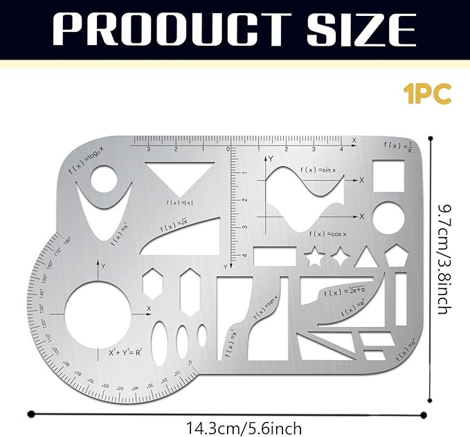 ORIGACH Stainless Steel Mathematical Template Geometric Scale Drawing Ruler Metal Drafting Stencils for Leather Sewing DIY Craft Supplies, 5.6x3.8 Inch