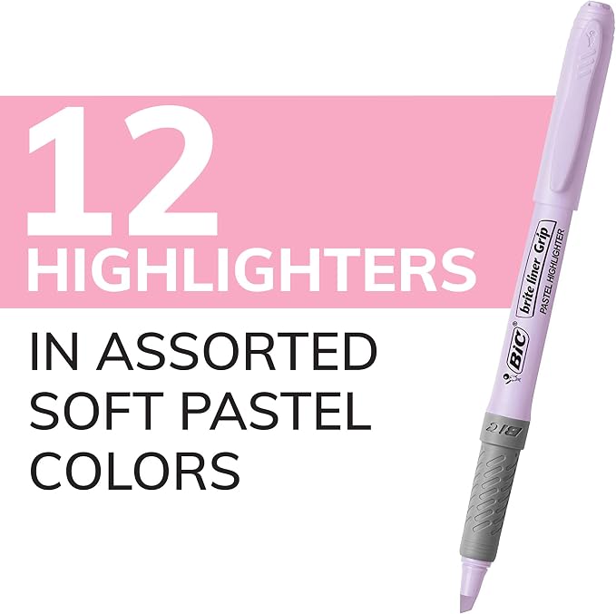 BIC Brite Liner Grip Pastel Highlighter Set, Chisel Tip, Pack of Pastel Highlighters in Assorted Colors (colors may vary), Cute Highlighters for Bullet Journaling, Note Taking and More (Pack of 18)
