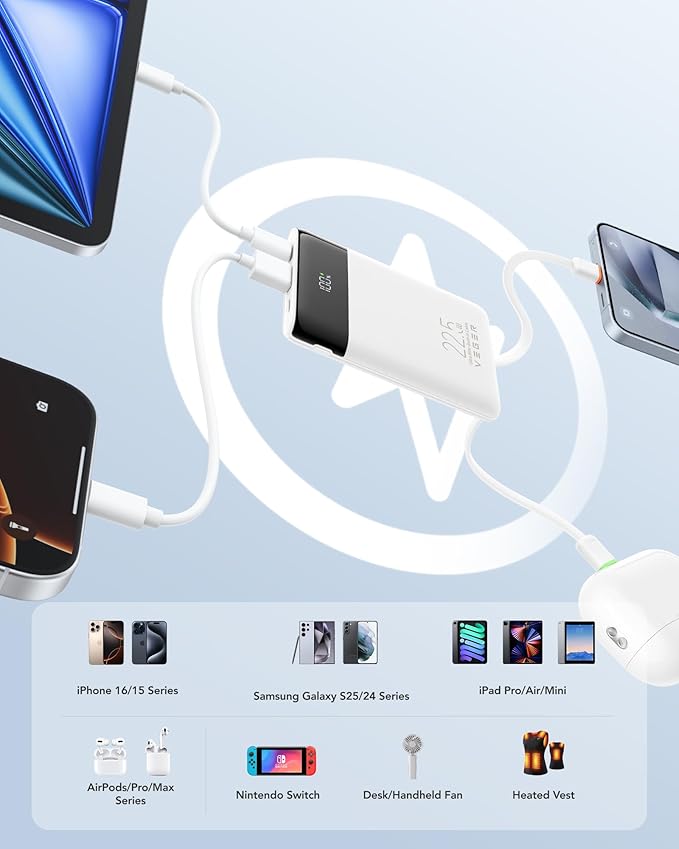 VEGER 22.5W Fast Charging Portable Charger, Slim 10000mAh Power Bank with Built-in Cables, Small USB C Battery Pack for iPhone iPad Samsung Galaxy Pixel LG Moto, Flight Safe, Travel Essential, White