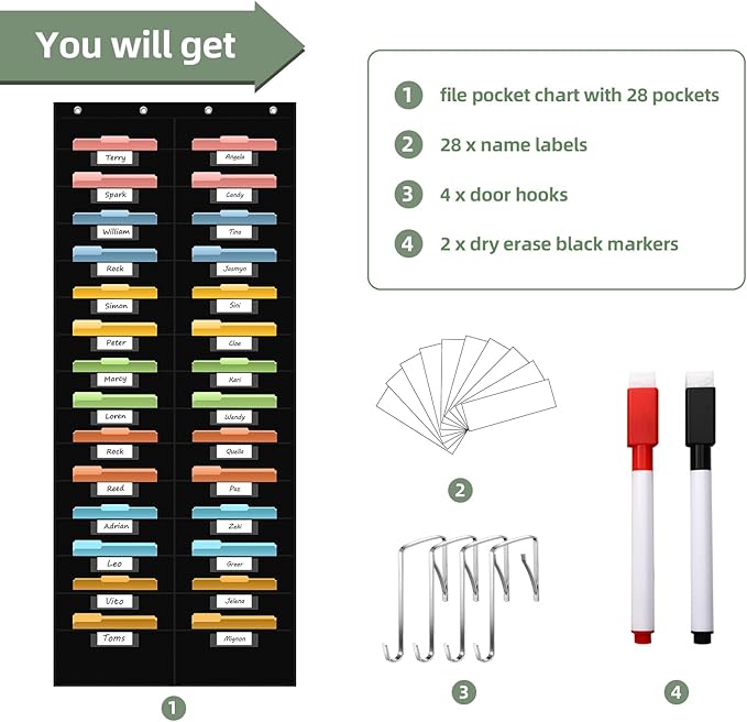 ANCOMEDO 28 Pocket Hanging Wall File Organizer with 28 Name tag Pockets, File Storage Pocket Chart for Classroom and Office Use. Keeps Assignments, Files, Scrapbooks, and Papers Neatly Organized.
