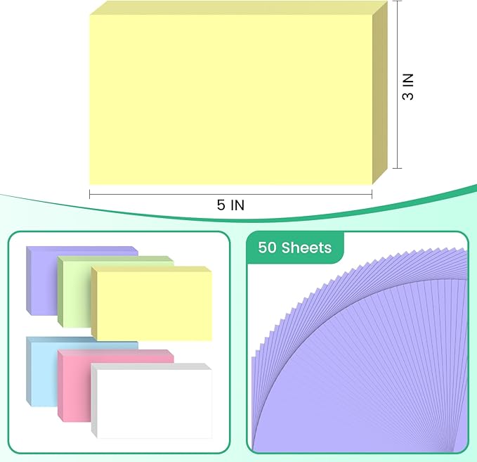 300 Count Colored Blank Index Cards, 3x5 Inch Color Coded Flash Cards - 6 Assorted Color Pads (White Pink Purple Blue Green Yellow), 50 Cards per Pad, Study Flashcards for School, Office