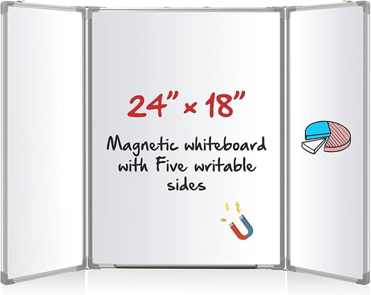 AmazingSpark 24” x 18” Foldable Whiteboard Dry Erase Board Large Tri Folding Whiteboard Magnetic Dry Erase Board, Wall Aluminium Frame and Pen Tray for Office, Home