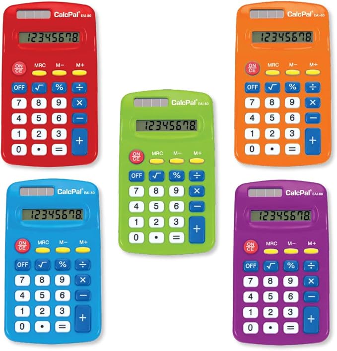 EAI Education CalcPal EAI-80 Basic Solar Calculator, Dual-Power for School, Home or Office: Assorted Colors - Set of 10