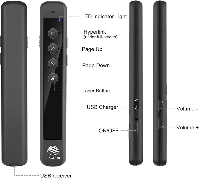 Rechargeable Presentation Clicker for PowerPoint - RF 2.4GHz Wireless Presenter Remote with Laser Pointer, Support Hyperlink&Volume Compatible with PPT/Keynote/Slides/Mac/Windows/Laptop