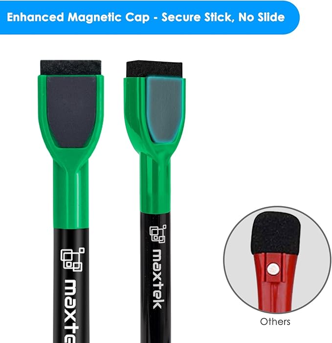 maxtek Magnetic Whiteboard Markers - 12 Count Green Fine Tip Dry Erase Markers with Eraser for Kids, Low Odor Thin Markers for Calendar Boards