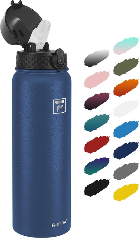 Fanhaw 32 Oz Kids Insulated Stainless Steel Water Bottle with Straw Lid, Leakproof & Anti-Dust Everyday Use Bottle for School, Women & Men, Back to School Essentials (Navy Blue)